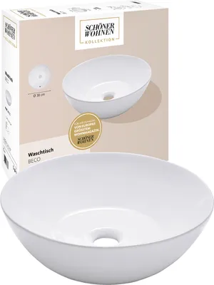 Produktbild von Schöner Wohnen Kollektion Aufsatz-Waschbecken rund Beco, weißer Waschtisch 38 cm, Keramikwaschbecken Bad Aufsatz-Montage, Überlauf, Weiß