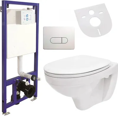 Produktbild von Belvit WC-Komplettset UNI, Vorwandelement, Spülkasten, Schallschutz & Betätigungsplatte, spülrandloses, rundes Wand-WC mit Soft-Close Decke, Keramik