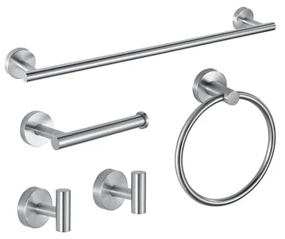 Image de Ensemble complet de 5 accessoires de salle de bain en acier inoxydable, comprenant un porte-serviettes et un porte-rouleau de papier toilette