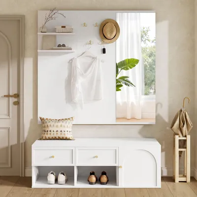 Immagine prodotto di Set armadio 120x35x159 cm, con cassetti, ripiano, specchio, panca e 5 ganci (bianco)