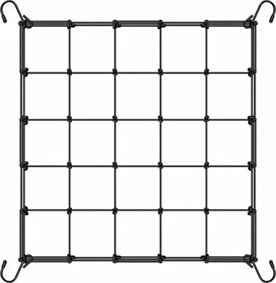 A black grid-like trellis net with hooks on the corners, presented against a white background.