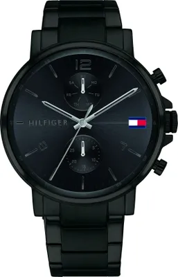 A black Tommy Hilfiger watch is shown against a white background.