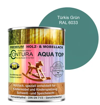 Produktbild von Contura 750ml. Möbellack Lack für Kinderspielzeug Buntlack DIN EN71/3 Buntlack Holzlack - RAL 6033 Türkis Grün