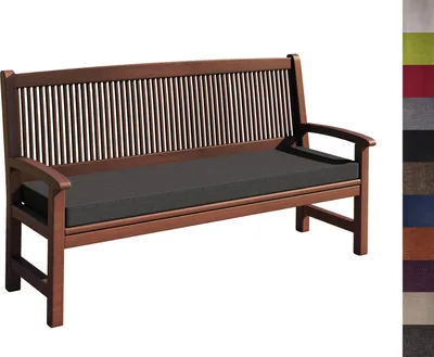A wooden bench with a dark gray cushion, presented on a white background.