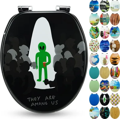 A toilet seat lid with an alien design and a crowd of people, with the text 'THEY ARE AMONG US' at the bottom. To the right, a collage of various toilet seat lid designs.