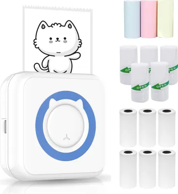 Produktbild von Mini-Drucker Fotodrucker fš¹r Smartphone Bluetooth Sofortbild-Thermodrucker mit 6 Thermopapierrollen + 5 selbstklebenden Papierrollen + 3 farbigen Thermopapierrollen 57 mm, kompatibel mit iOS und Android
