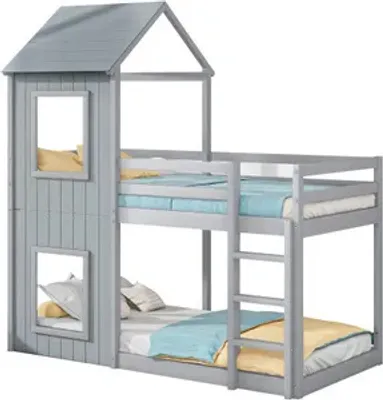 Produktbild von 90x200cm Grau Kinderbett (Ohne Matratze) mit Leiter und Geländer Kiefer Massivholz Etagenbett mit Fallschutz