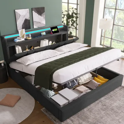 Produktbild von MODFU Polsterbett Doppelbett 140x200cm mit aufladen USB Ladefunktion und LED-Beleuchtung, Hydraulisches Boxspringbett(Ohne Matratze), Grau