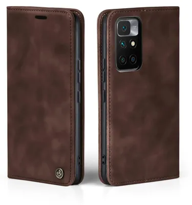 A brown leather flip case for a smartphone is shown from two angles.
