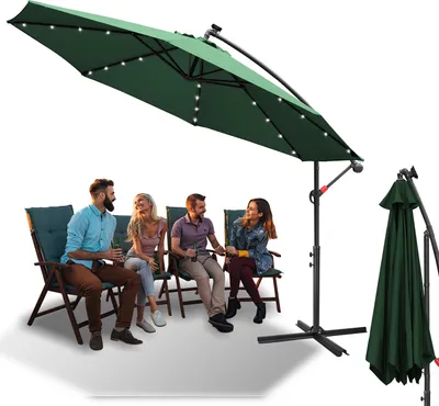 Immagine prodotto di Ombrellone con illuminazione a LED Ombrellone a semaforo 300 cm Ombrellone da giardino con 24 luci LED Protezione UV Ombrellone a manovella Supporto Ombrellone da giardino Ombrellone da mercato, verde