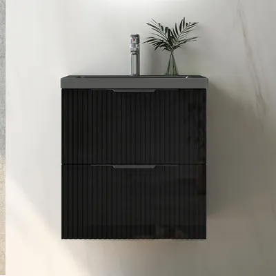 Produktbild von Waschtisch mit Unterschrank 50cm RIVA Badmöbel Set Hochglanz Schwarz Waschbecken Dunklegrau mit Unterschrank Softclose