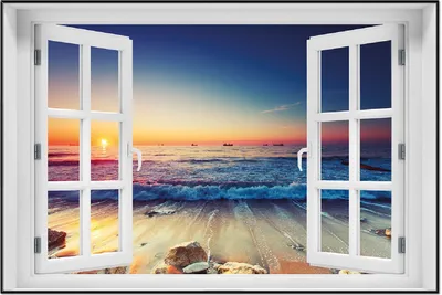 Produktbild von Wallario Wandbild mit Fenster-Illusion: Sonnenuntergang am Meer mit Wellen am Strand, Größe: 61 x 91,5 cm, Poster mit schwarzem Aluminiumrahmen
