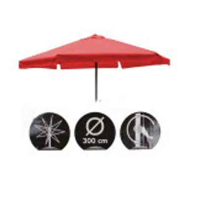 A red umbrella is shown with three circular icons below it, illustrating features.