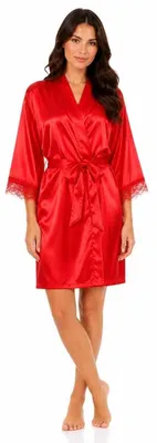 Produktbild von Damen Satin Morgenmantel Kimono kurz mit Spitze Bademantel Hausmantel Robe Rot/S