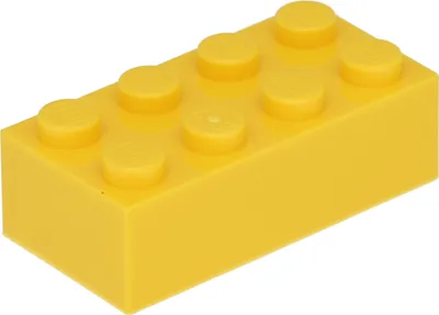 A single yellow LEGO brick is shown from a slightly elevated side angle against a white background.