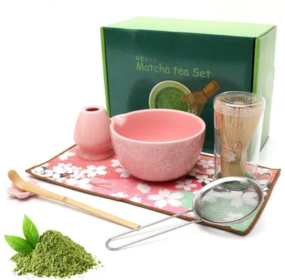 Image de Kit matcha, 7 pièces, comprenant : fouet à matcha, bol en céramique avec bec verseur et fouet, support pour fouet, fouet en bambou, tamis et torchon, fouet à matcha, coffret cadeau pour les amateurs de matcha (rose)