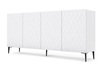Produktbild von Kommode DIUNA 4D 193 cm mit dekoriert Front 4 Türen Sideboard Highboard Schrank auf Beinen, Weiß Matt