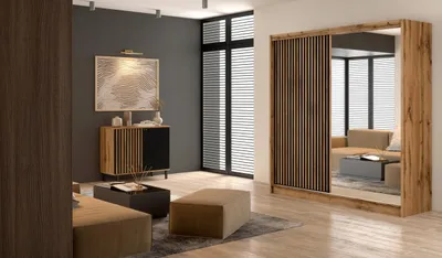 Produktbild von Krudox LNPR 203 cm Eiche Wotan Schwebetürenschrank Mit Spiegel Breiten 203/250 cm Kleiderschrank Für Wohnzimmer Mit 2 Kleiderstangen