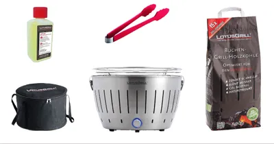 A collection of barbecue accessories including a grill, charcoal bag, tongs, and a cleaning bottle.
