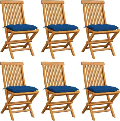 Produktbild von Cloris Designermöbel Gartenstühle mit Blauen Kissen 6er Set Massivholz Teak 2024 Neu