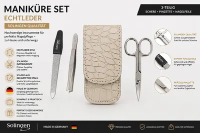 Produktbild von Maniküre Set Echtleder Solingen Germany Schere Pinzette Nagelfeile Weiß