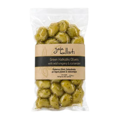 Produktbild von Gaia Kallisti Grüne Halkidiki-Oliven mit Oregano und Koriander 250 g