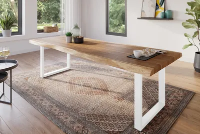 Produktbild von Esstisch 300 x 100 cm Akazie massiv natur Baumkantentisch U-Gestell weiß ATLAS