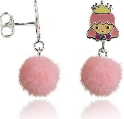 Produktbild von Kinderohrstecker 925 Sterling Silber mit Prinzessin und Puschel in pink