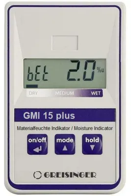 Productafbeelding van Greisinger GMI15-plus apparaat voor het meten van het vochtgehalte van materialen.Meetbereik: bouwmateriaal (bereik): 0,0 tot 8,0 %.Meetbereik: houtvocht (bereik): 0,0 tot 100 %. (483430)