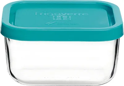 A clear, studio shot of a small, square glass food storage container with a teal lid.
