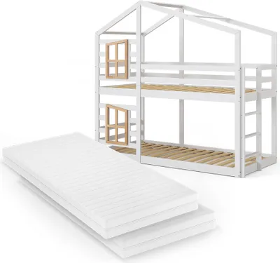 Produktbild von Vitalispa Etagenbett Maja, 90x200 cm mit 2 Matratzen, Weiß/Naturholz