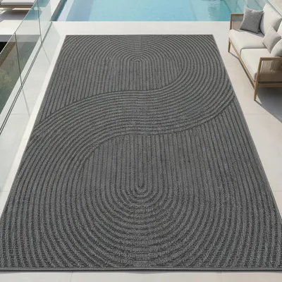 Zdjęcie produktu dla Dywan zewnętrzny z graficznym wzorem falistym, odporny na warunki atmosferyczne, na taras lub balkon, kolor antracytowy, wymiary – 160 x 220 cm