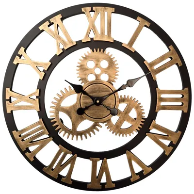 Produktbild von HSXL – Große Wanduhr aus Holz mit römischen Ziffern 60 cm – Schwarz mit Gold – 60 cm – Leises Uhrwerk