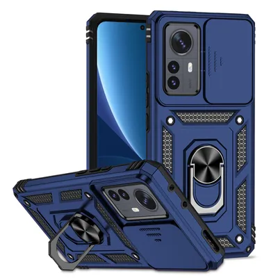 Immagine prodotto di Custodia per Xiaomi 12 Pro a doppio strato con copertura scorrevole della fotocamera e supporto ad anello blu