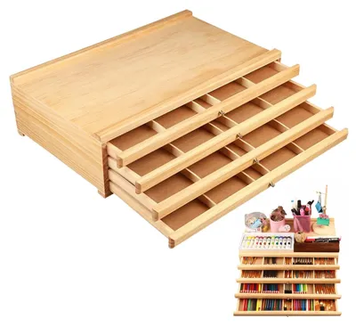 Produktbild von Holzaufbewahrungsbox für Kunstbedarf mit 4 herausnehmbaren Schubladen