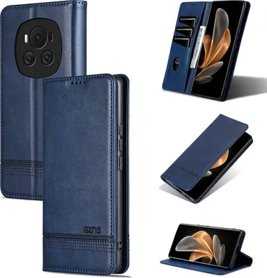 Image de Etui en cuir pour Honor Magic6, étui portefeuille pliable avec fermeture magnétique et support bleu