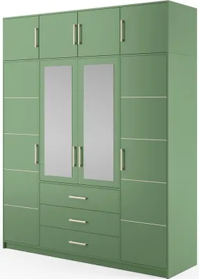 Produktbild von BETTSO Drehtürenschrank Kleiderschrank mit 4 Türen und 3 Schubladen Spiegel Garderobenschrank Garderobe BALI II D4+ VERLÄNGERUNG Flaschengrün