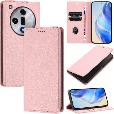 Produktbild von Litchi Leder Handyhülle für Oppo Find X7 Wallet Kartenfächer Standfunktion Hülle Pink