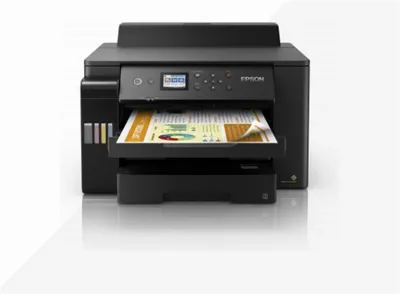 A black Epson EcoTank L1116 printer is shown from the front, printing a document with charts and graphs. The printer has an integrated ink tank system on the left side.