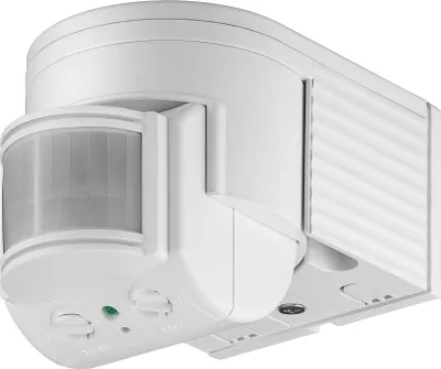 Produktbild von Infrarot-Bewegungsmelder, weiß zur Aufputz-Wandmontage, 180°-Erfassung, 12 m Reichweite, für außen (IP44), LED-geeignet