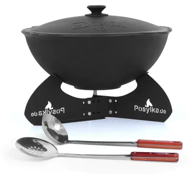 Produktbild von Kasan aus Gusseisen, Aluminiumdeckel, flacher Boden, Ø 42,5 cm, 12 l + Untersetzer + Küchenzubehör