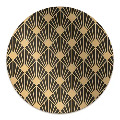 A circular rug with an Art Deco pattern.