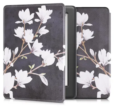Produktbild von kwmobile Schutzhülle für Kobo Glo HD / Touch 2.0 Hülle - eReader Flip Case mit Auto Sleep Funktion - Magnolien mit Taupe Weiß Dunkelgrau