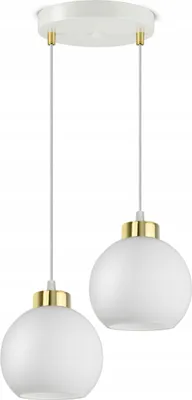 A white ceiling lamp with two glass globes hanging from it.