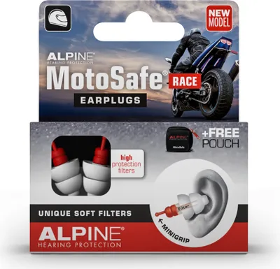 Packaging for Alpine MotoSafe Race earplugs, featuring a motorcyclist and product details.
