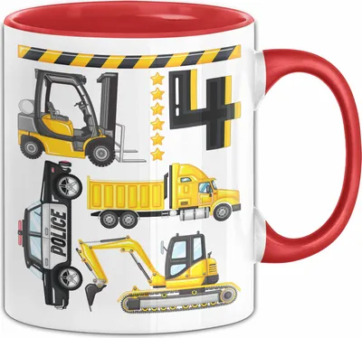 Produktbild von 4. Geburtstag Geschenk Tasse Becher Jungen Jungs Baustelle Polizei Geburtstagsgeschenk 4 (Rot)