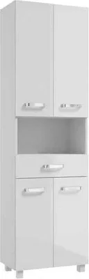 A white freestanding bathroom cabinet with multiple doors and a drawer.