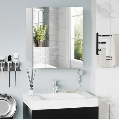Image de kleankin Armoire murale de salle de bain avec 3 portes miroir et étagères réglables en MDF Blanc dim. 70L x 15l x 60H cm