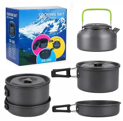 Image de Ensemble de vaisselle de camping, aluminium noir, 3 pièces, avec sac