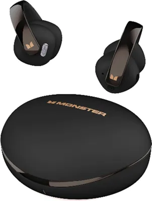 A pair of black wireless earbuds and their charging case are displayed against a white background.